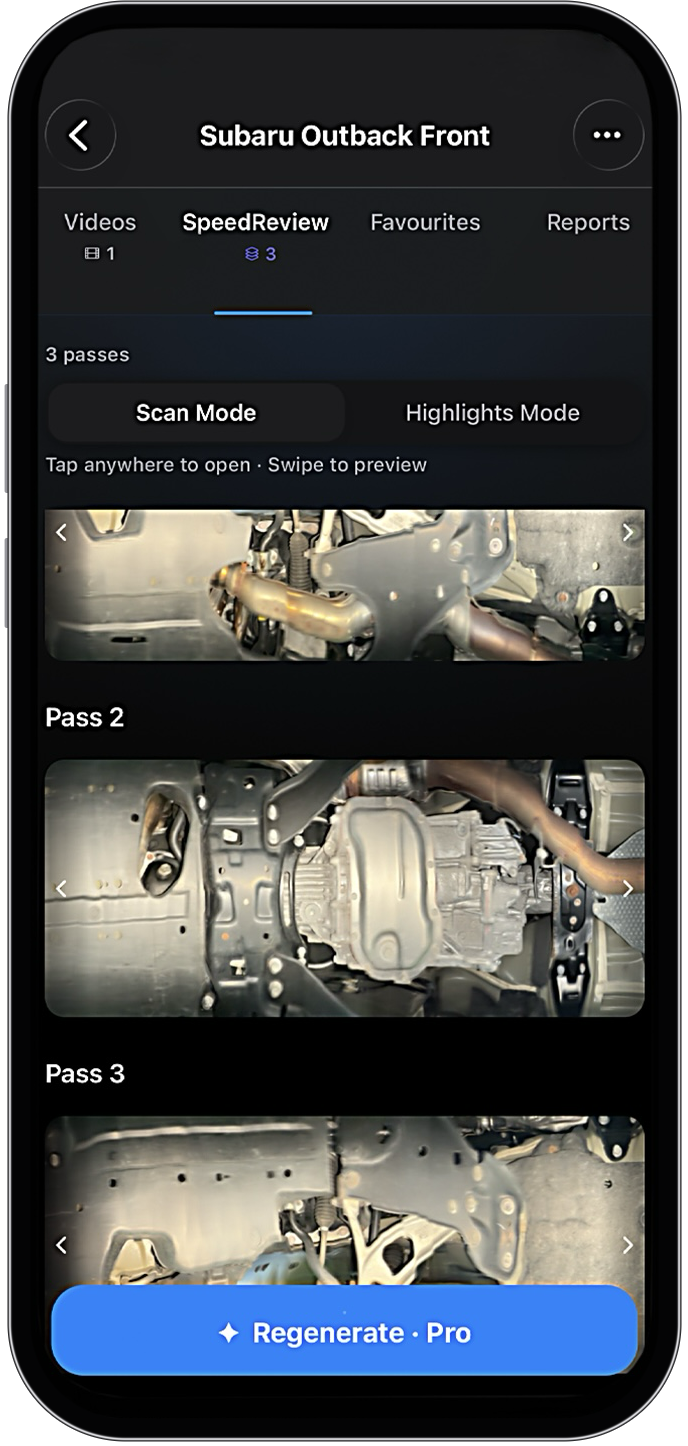SpeedReview in the app: three passes under a Subaru, in one glance
